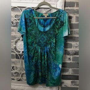 One World Blue Green Beaded Top
